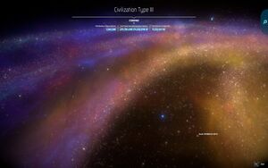 Screenshot of the Milky Way screen, which resembles the actual Milky Way galaxy, with spiraling arms of stars. Top center are some overall Dyson Sphere and power generation statistics.